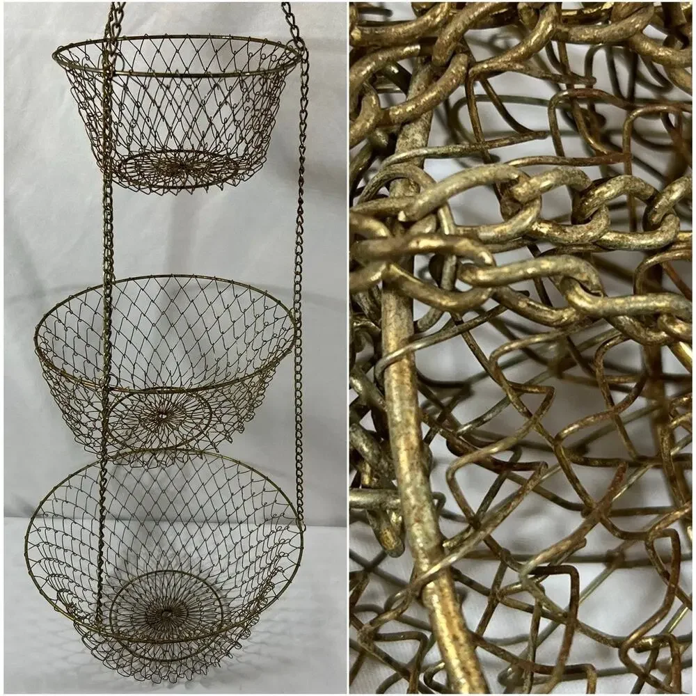 Vintage 3 Tier Distress Brass Gold Patina Metal Hanging Wire Fruit Basket